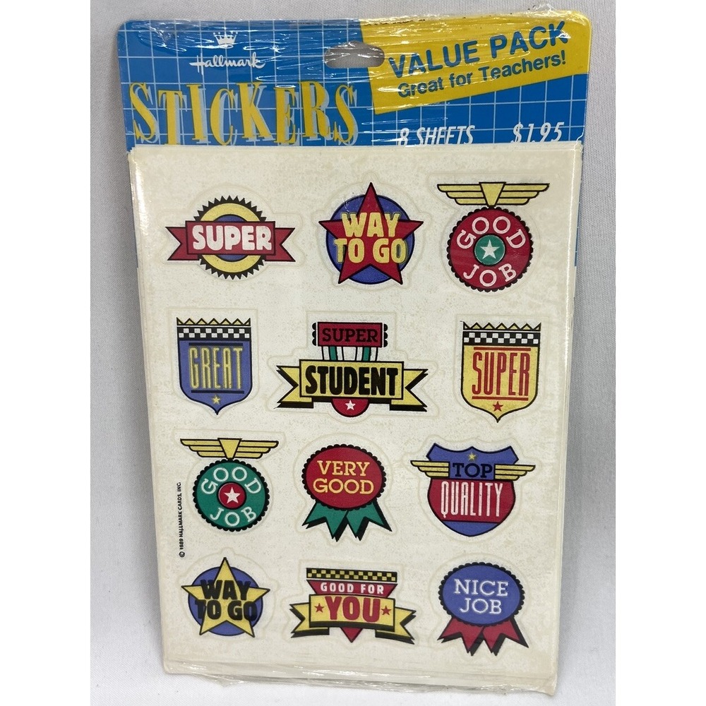 VTG 1989 Hallmark Pack Of 8 Sheets Of 12 Stickers Teacher SELF‎ ESTEEM BUILDERS